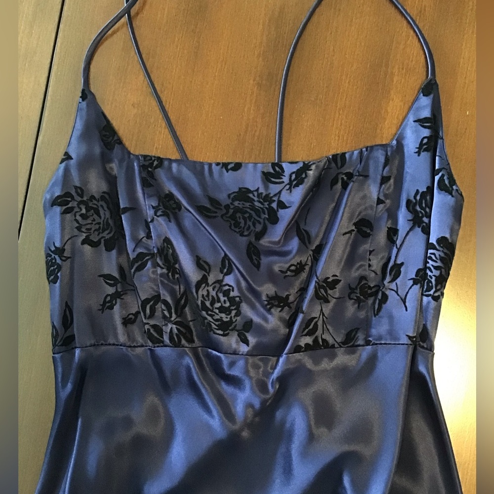 Vintage, Be Smart Deep Dark Blue,Satin Long Gown w/ Black Burnout Velvet.